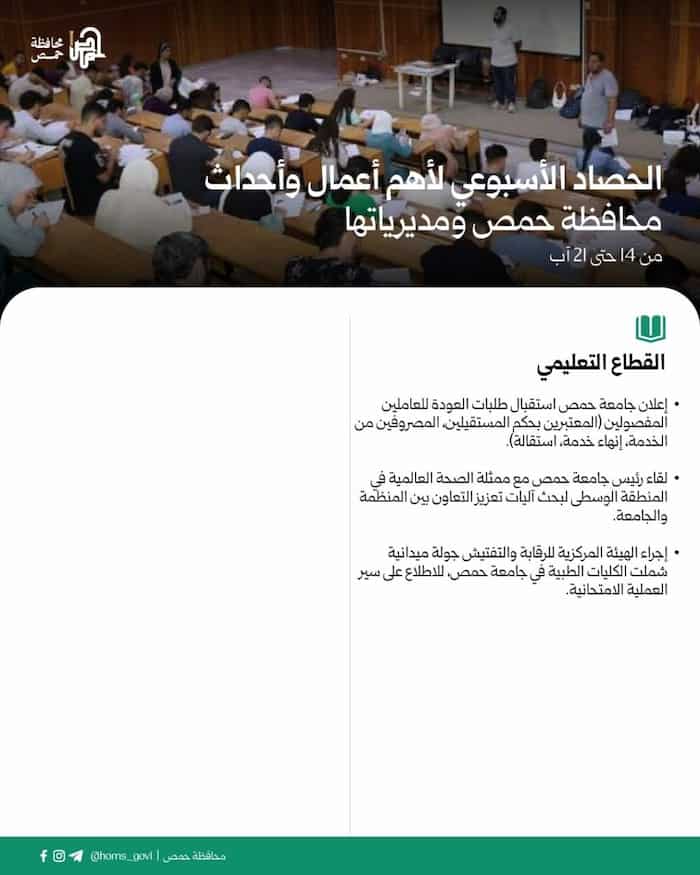 2الحصاد الأسبوعي لأهم أعمال وأحداث محافظة حمص ومديرياتها من 14 حتى 21 آب