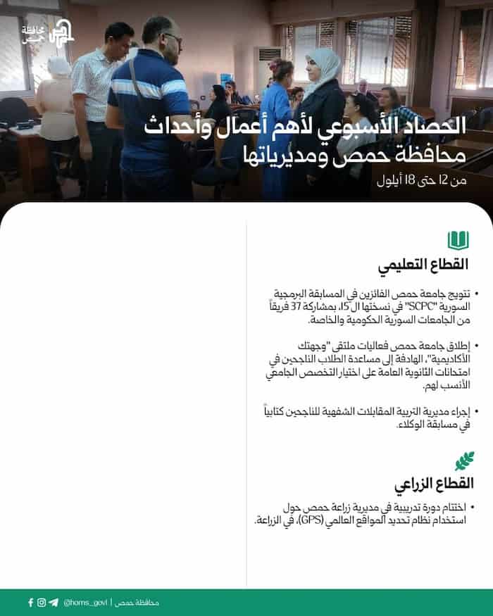 2الحصاد الأسبوعي لأهم أعمال وأحداث محافظة حمص ومديرياتها من 12 حتى 18 أيلول